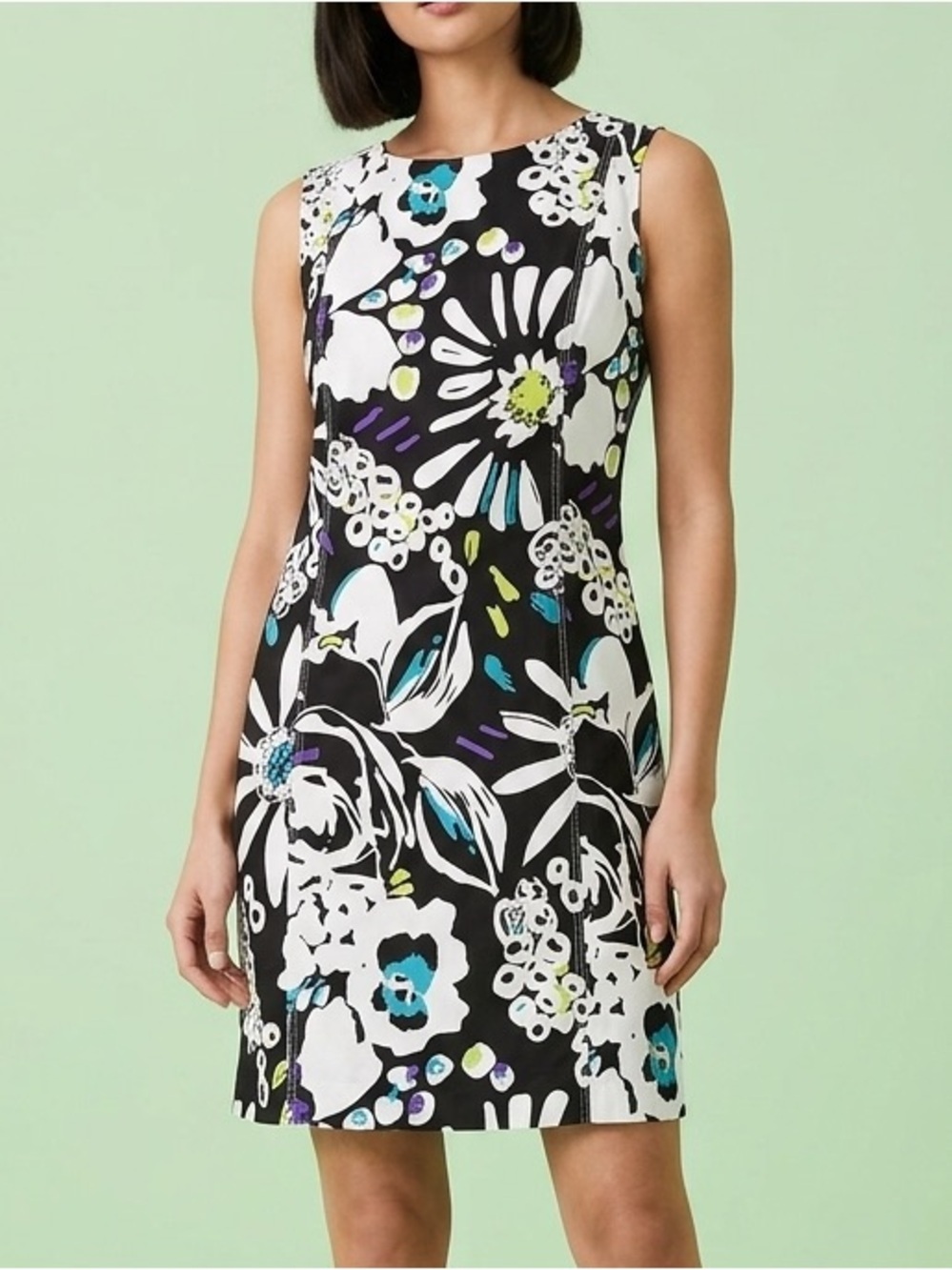 Peter Nygard Black Floral Dress White Teal Lime Sz 16